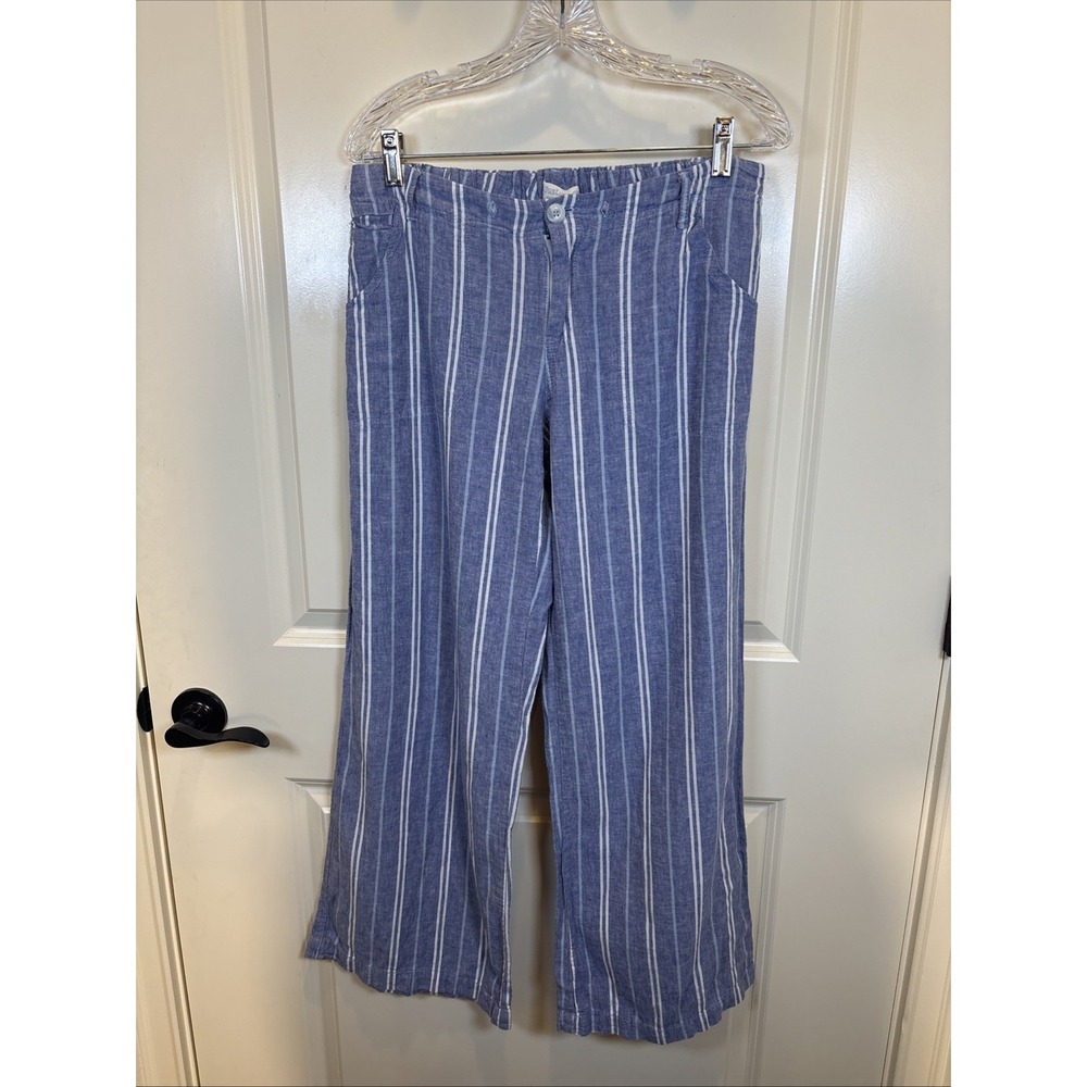 Just Living Blue/White Striped Linen & Cotton Wide Leg Pant Medium Coastal Beach